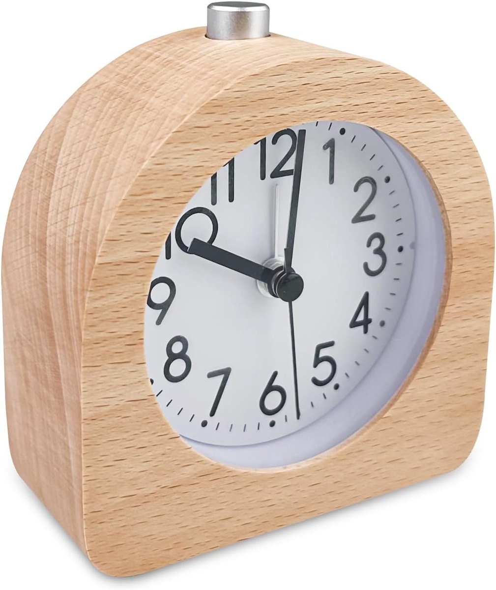 SnelShoppen Retro Houten Analoge Alarmklok met Nachtlampje en Snooze - Lichtbruin