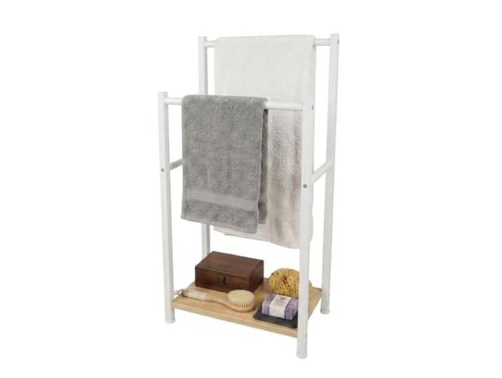 Relaxdays porte-serviettes avec tablette\, 80 x 42 x 24 cm\, naturel/blanc 2 tringles\, porte-serviettes sur pied\, MDF et métal