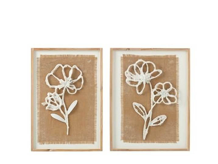 J-Line Wanddecoratie bloemen poli dennenhout/MDF wit naturel 2 gesorteerd (set van 2)