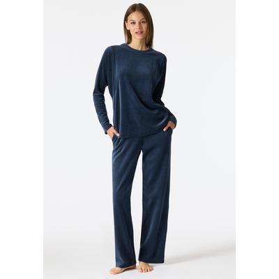Loungeanzug SCHIESSER "Casual Velour", Damen, Gr. 38, blau (861, deep sea blau), Jersey, Obermaterial: 75% Baumwolle, 25% Polyester, bequem lang, Rundhals, Homewear-Sets, Rundhalsausschnitt, Velour-Qualität