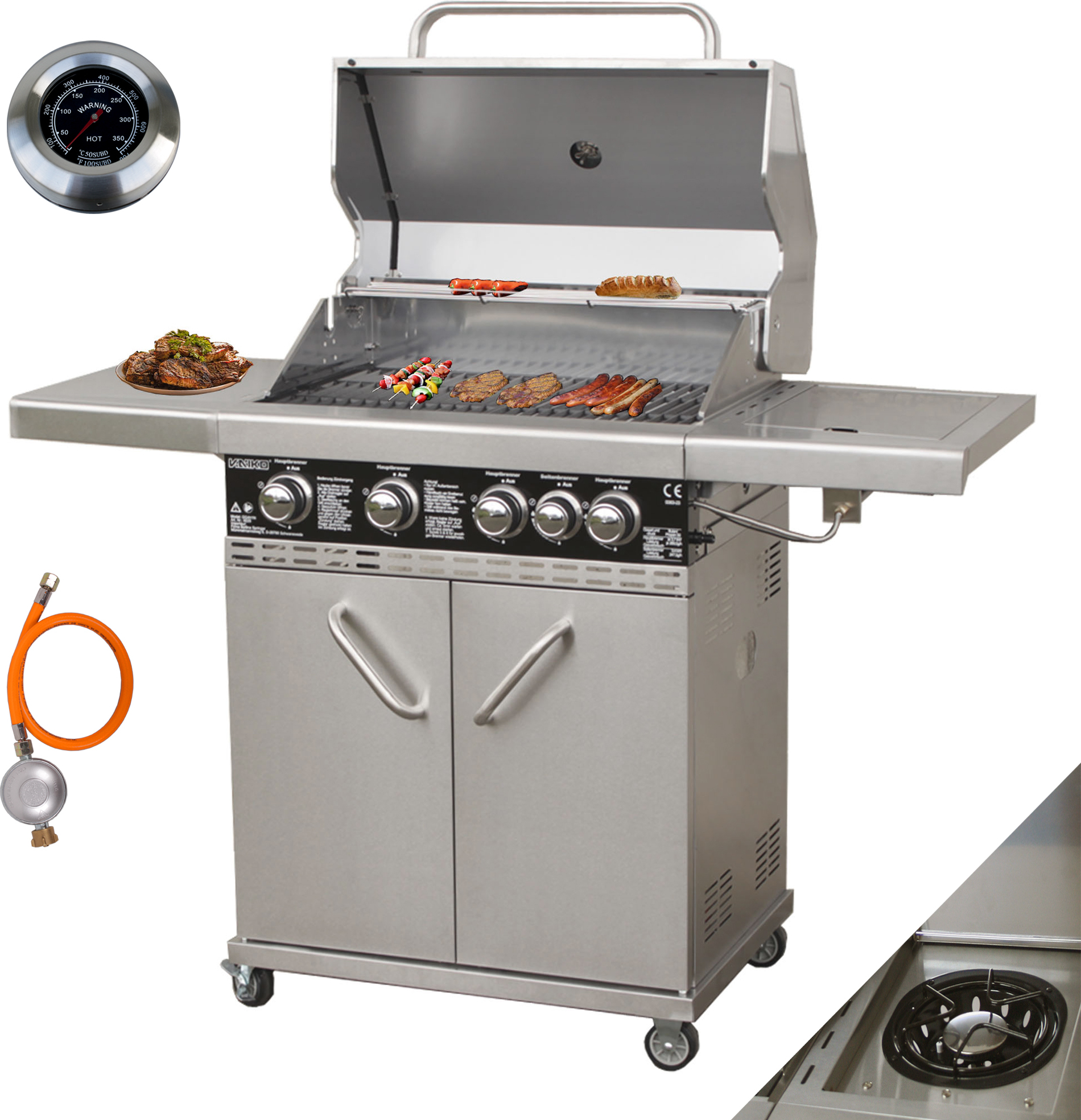 Vaiko Chef 4 Gasgrill Echte Edelstahl Konstruktion Grillstation Grillwagen 4+1