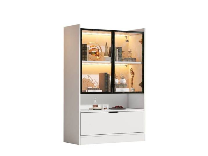 Vitrine en Verre avec éclairage LED Meuble Haut avec 2 Portes en Verre et 2 Porte Pliante Bibliotheque Armoire de Salon 80x35x120cm