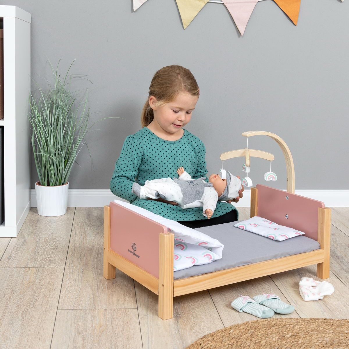 Puppenbett MUSTERKIND "Barlia, altrosa/natur", rosa (altrosa, natur), Puppenmöbel, KinderB:31cm H:42cm T:55cm, Puppenbett, mit Mobile, B:31cm H:42cm T:55cm