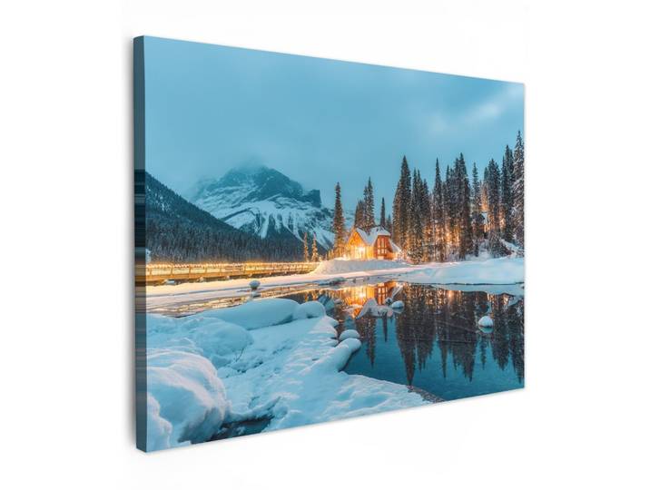 LEINWANDBILD Winterlandschaft - Natur - Haus - Berge - Schnee Wandbilder 80x60 cm