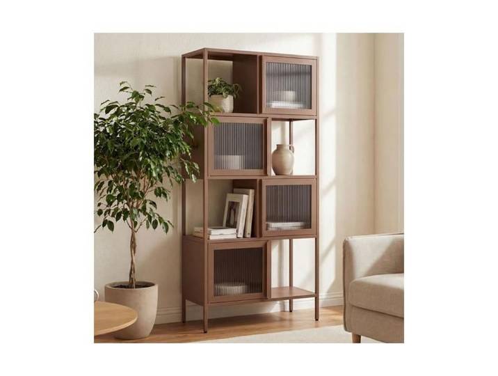 Sicaan etagère industrielle h.170cm 4 portes 4 cases marron et verre cannelé kiara