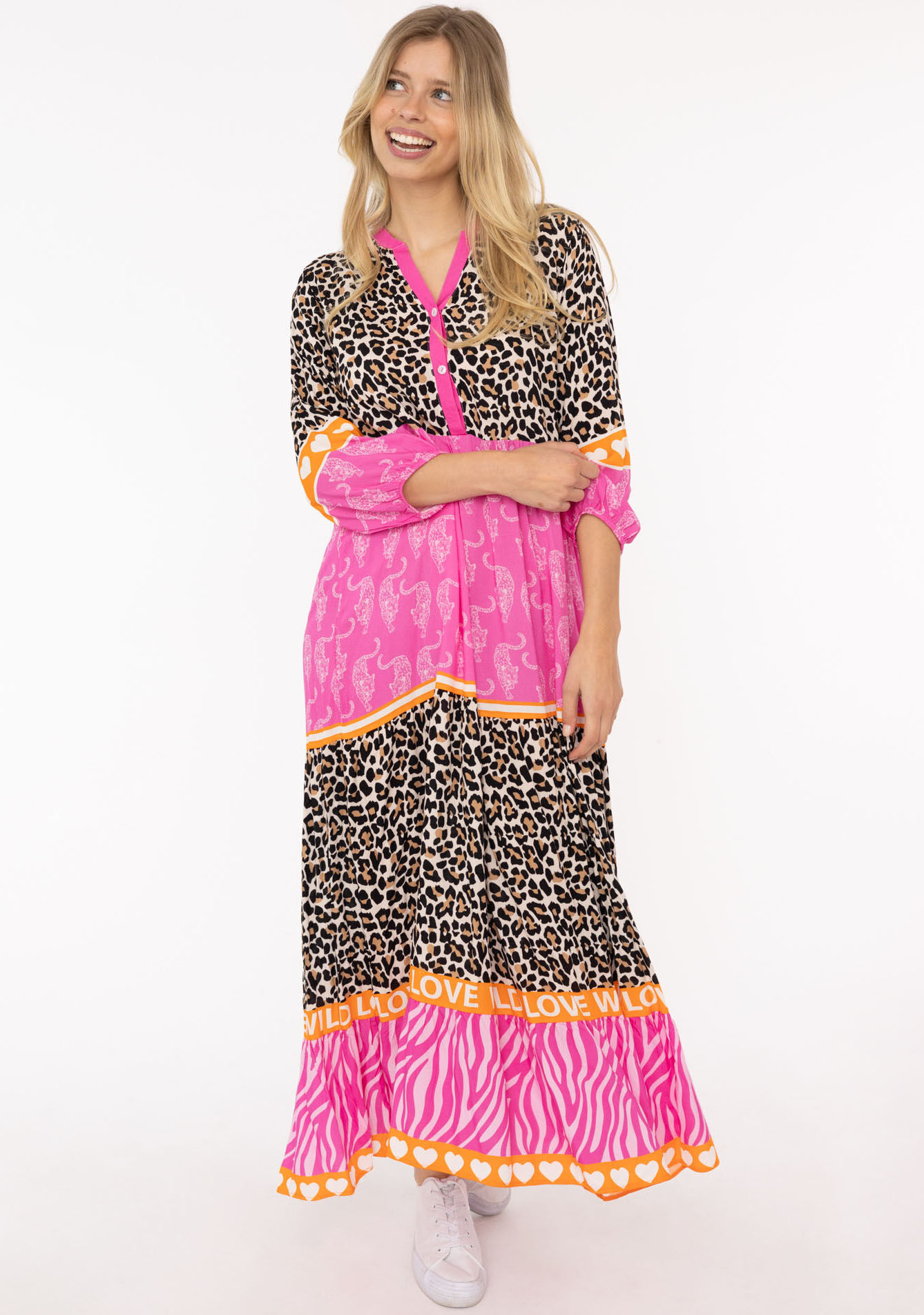 Maxikleid ZWILLINGSHERZ "Wild Love", Damen, Gr. SM (S/M), N-Gr, pink, Sweatware, Obermaterial: 100% Viskose, gemustert, loose fit ca. Mitte Knie, V-Ausschnitt, Kleider Maxikleid, mit Leo, Zebra und Mustermix pink SM (S/M), N-Gr