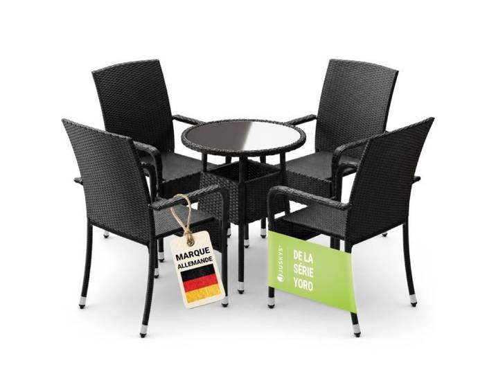 Salon de jardin en résine tressée noir - Juskys - Yoro - Table ronde 60 cm - 4 fauteuils - Verre trempé