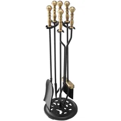 VEVOR Kaminbesteck-Set, 5-teiliges Ofenbesteck-Set, fünfzackiger Ständer, Zange, Ascheschaufel, Bürste, Schürhaken, Kaminzubehör aus Schmiedeeisen für drinnen und draußen, Schwarz und Messing