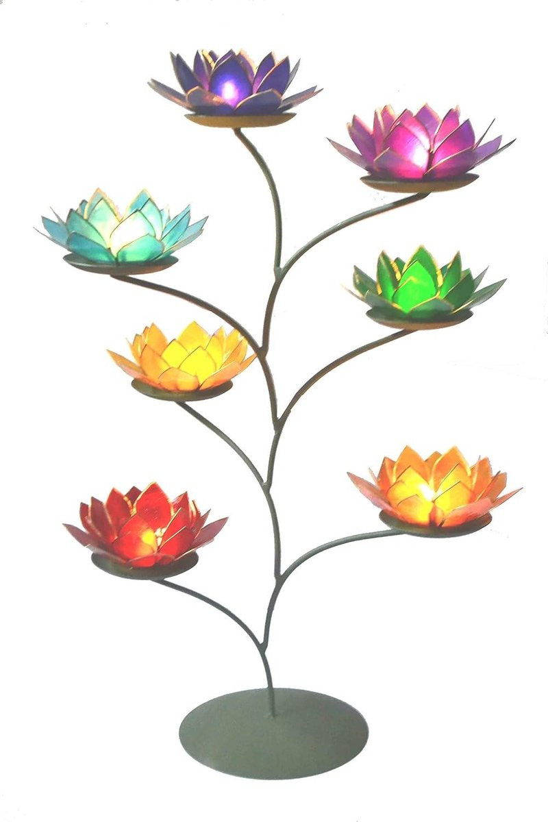 Paarse Lotus Chakra Regenboog Theelichthouder - Decoratieve Bloem Kandelaar - Diameter: 13,5 cm