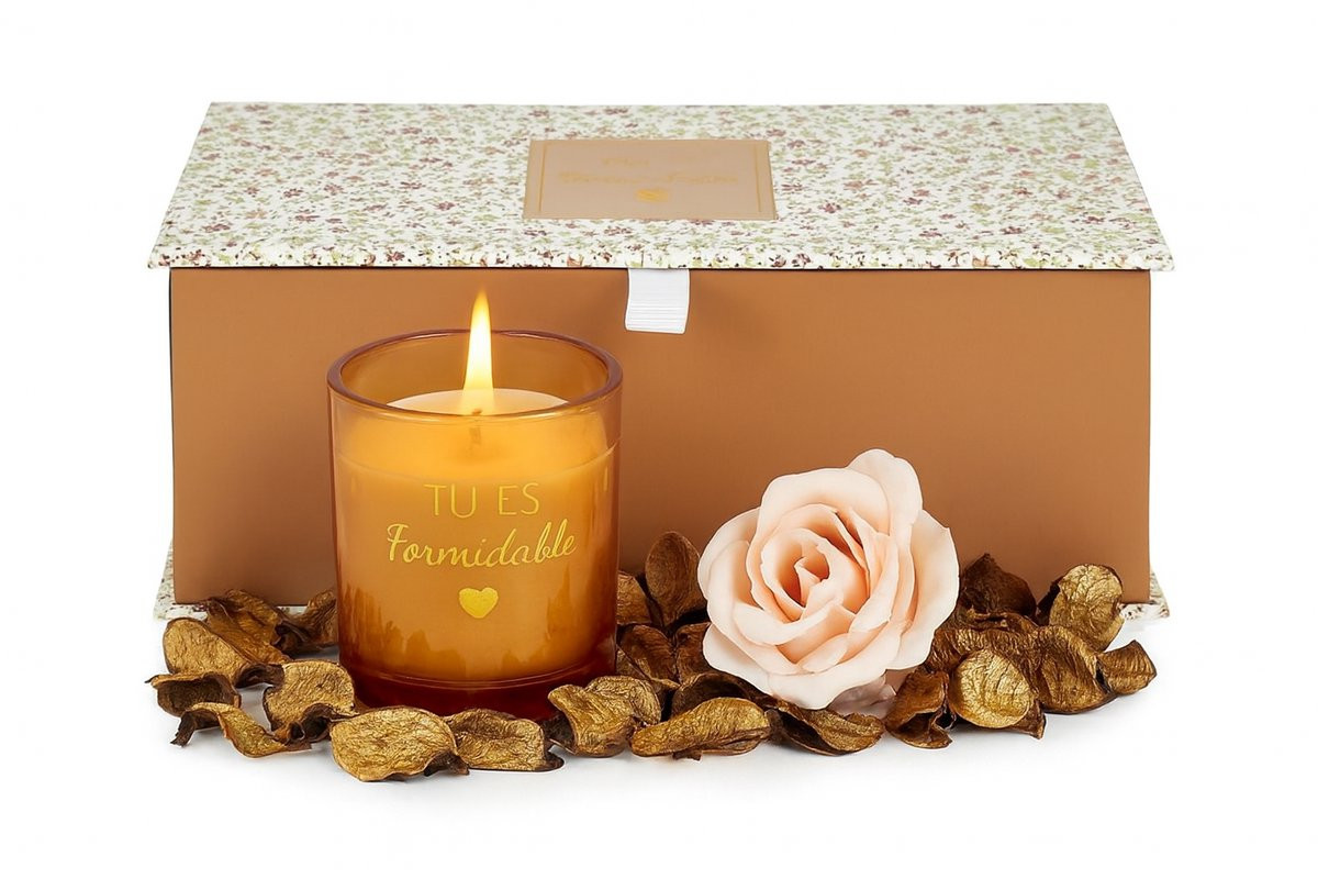 WDMT Luxe Geurkaars Cadeaubox Tu Es Formidable met Amberkleurige Geurkaars en Decoratieve Roos - Oranje