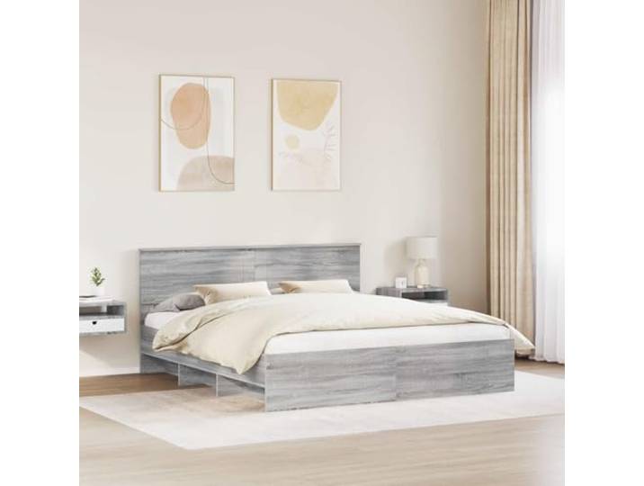 KTHLBRH Bettgestell 200 x 200 cm mit Kopfteil sonoma grau Robustes Holz, modernes Design, klare Linien, täglicher Gebrauch