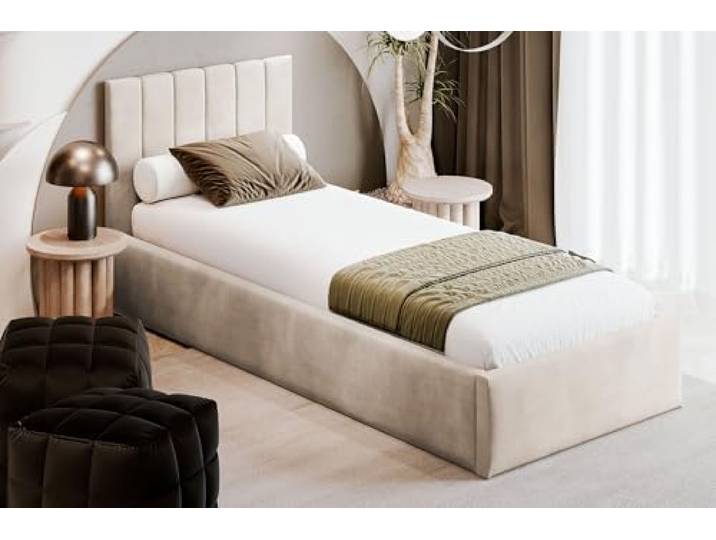 MOEBELPAKET.de Bett Azzurro S04 100x200 cm, Stauraum, Metallrahmen, Beige Betten, Polsterbett mit OEKO-TEX Zertifikat, EU-Herstellung, Modern Einzelbett
