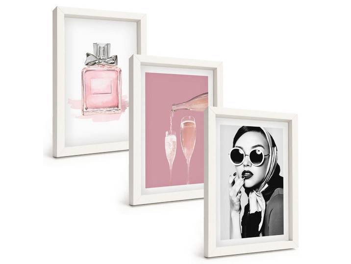 Tulup Bilder SET 3er Set - 20x30 cm Weißer Rahmen - Stilvolle pinkfarbene Accessoires, Kunststoff, Rechteckig, 20x30 cm, Fotografie, Bilder & Rahmen, Bilder