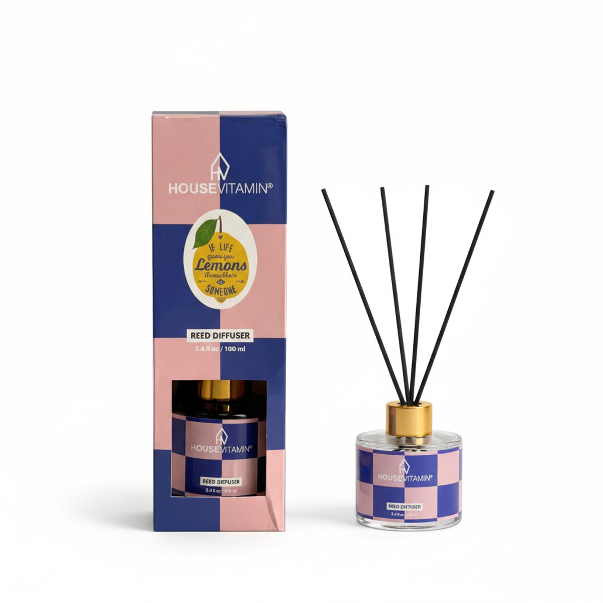 Housevitamin Reed Diffuser Geurstokjes 100ml - Citroen, Bergamot & Basilicum - Luxe Geurverspreider van Glas met Zwarte Stokjes
