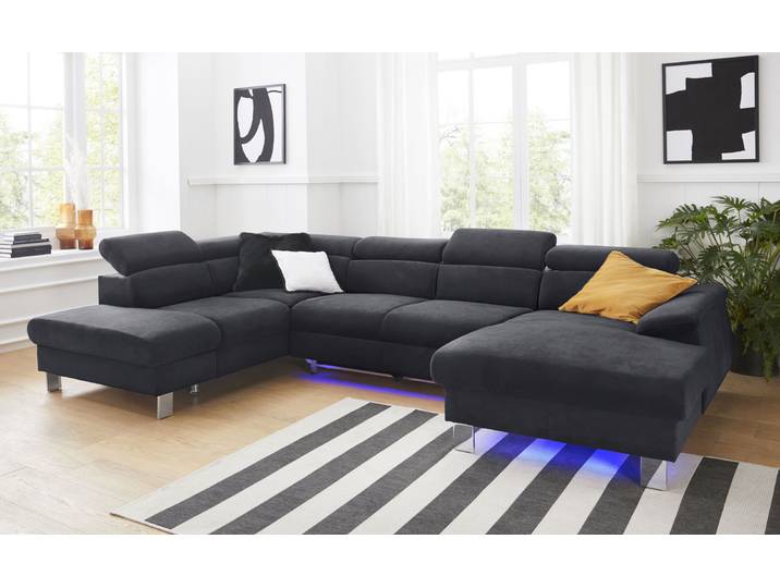 Wohnlandschaft, Microfaser PRIMABELLE, Grau (lava), 320 cm, Mit Bettfunktion & LED-Beleuchtung, Cotta