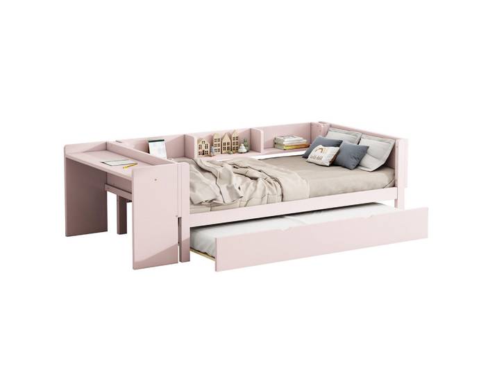 Gisaae Kinderbett 90x200 mit Ausziehbett Schreibtisch und Regal Rosa, Schlafzimmer, Betten