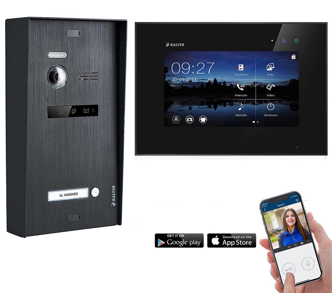 BALTER EVO Aufputz Video Türsprechanlage 2-Draht BUS für 1-Familienhaus mit 7" WiFi Touchscreen Monitor und Hauptstromverteiler Schwarz Schwarz