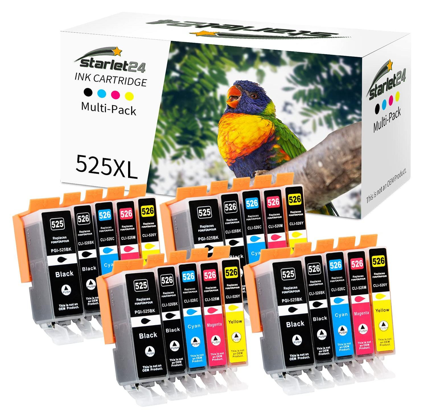Starlet24 Compatibele printerpatronen voor Canon PGI-525 CLI-526, 16 stuks (4x zwart, 4x cyaan, 4x magenta, 4x geel)