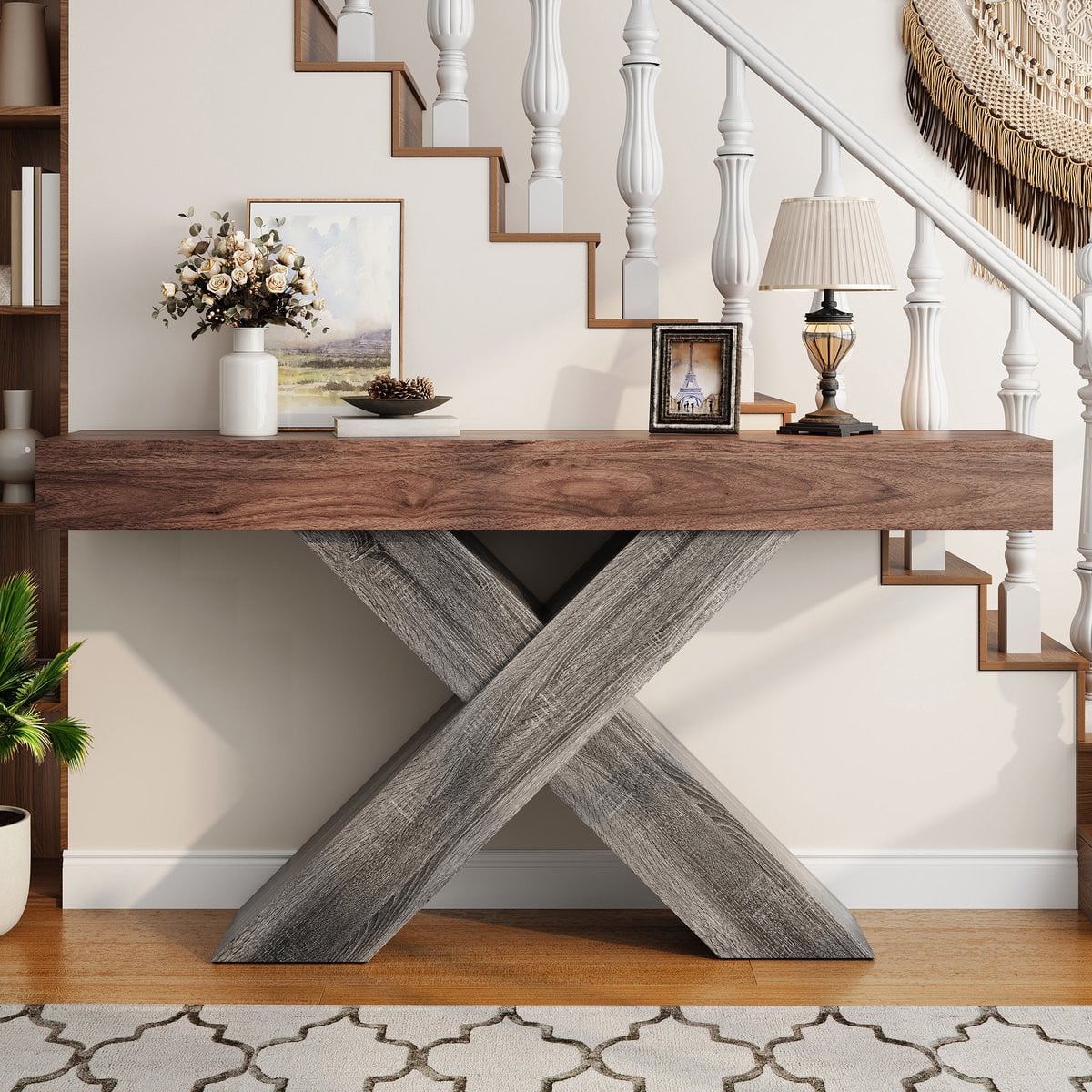 MIVRAY Consoletafel Smal Model met X-vormige Steun in Walnootkleur B/D/H: 140 x 30 x 80 cm