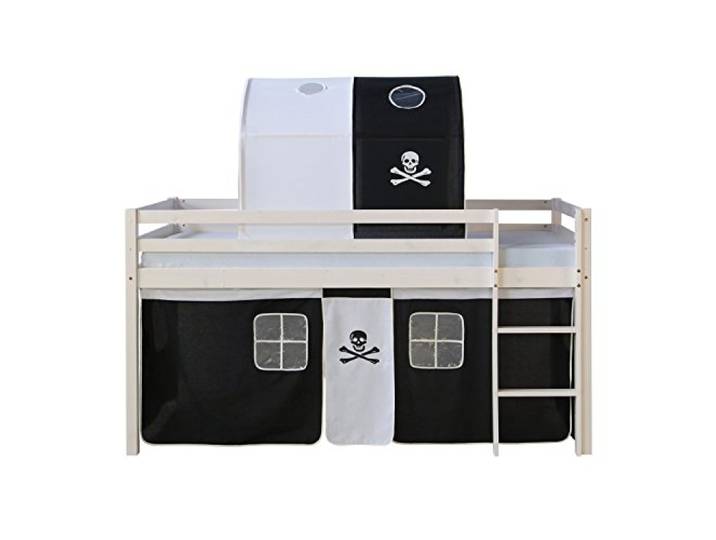 Homestyle4u Kinderbett 90x200 Weiß Kiefer Hochbett mit Treppe & Tunnel Piratendesign Spielbett inklusive Vorhang - Massivholz Bettgestell für Kinderzimmer - Sicher mit Absturzsicherung