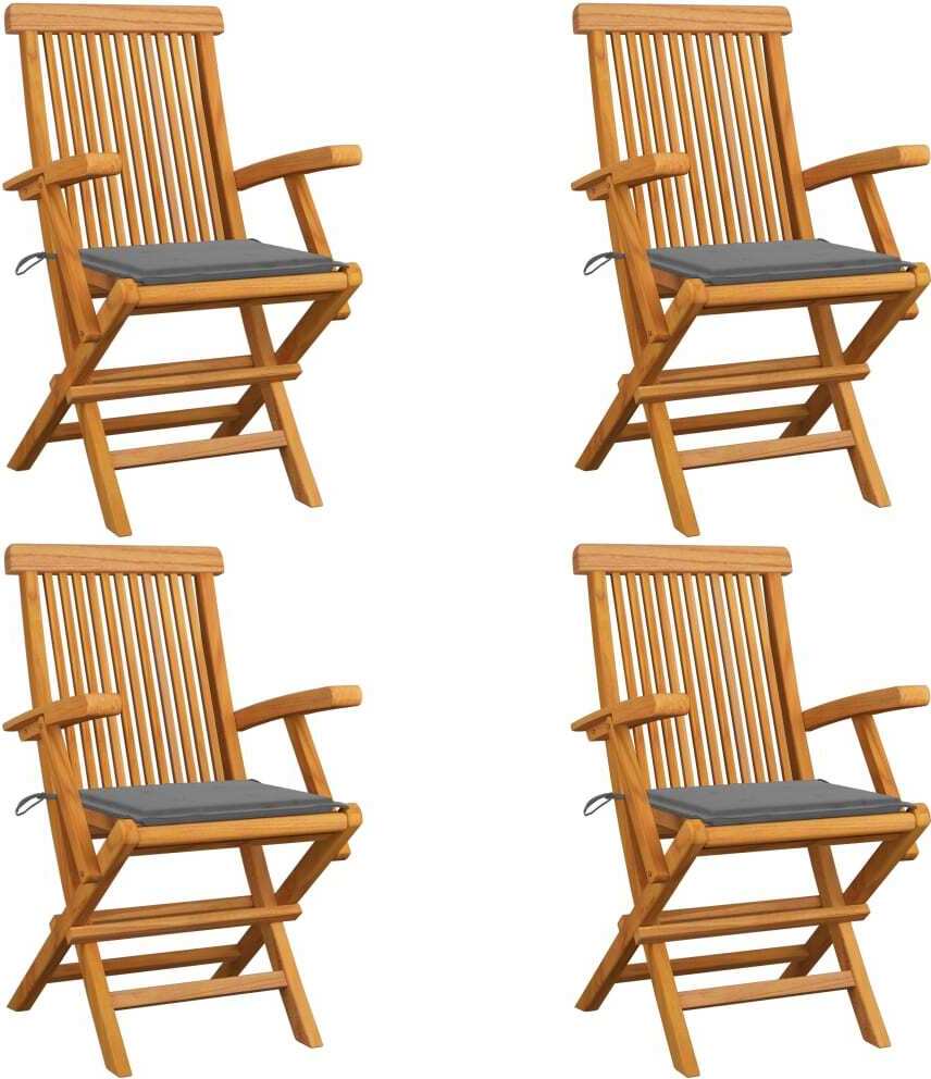 Gartenstühle mit Grauen Kissen 4 Stk. Massivholz Teak