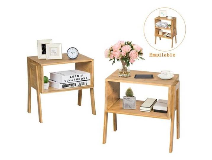COSTWAY Lot de 2 Table de Chevet Avec Compartiment de Rangement Ouvert Matériau non-toxique Design Compact et Pratique Naturel