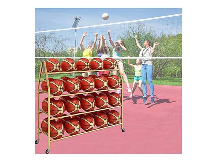 Basketbal Aufbewahrungsregal Ball Halter 4-stöckiges Metallregal Mit Rollen Ballwagen 97 / 123 / 140cm Platzsparend Für Fußball Basketball Sportausrüstung(Gold,123CM)