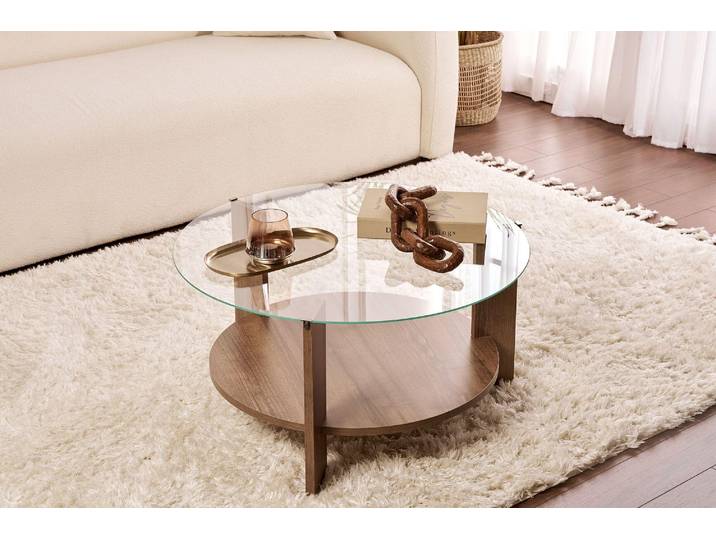 Skye Decor\, Clara - Noyer\, Transparent\, Table basse\, Noyer\, Plateau 100 % mélaminé\, 75 x 75 x 40 cm