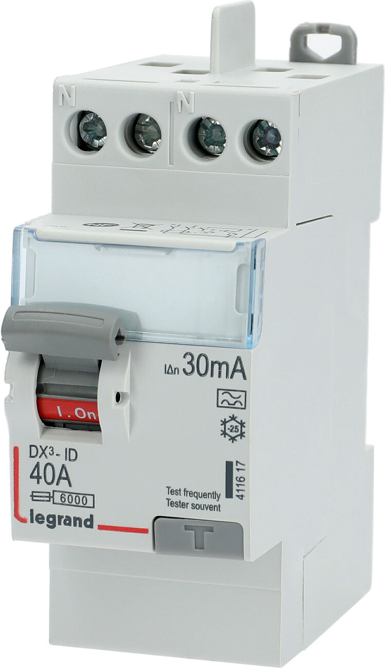 Interrupteur différentiel DX³-ID arrivée haute et départ haut à vis 2P 230 V 40 A type A 30 mA LEGRAND 411617