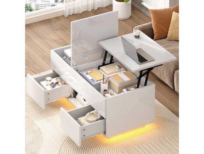 Table Basse Relevable Table Basse avec 2 tiroirs et 2 portes coulissantes Table de Salon Moderne 100x50x36 cm Blanc