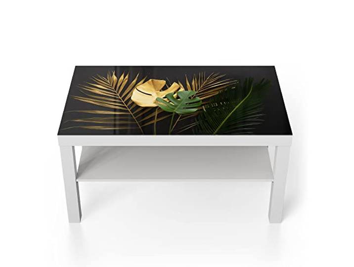 DEQORI Glastisch weiß groß 90x50 cm Motiv Exotische Palmenwedel ausgefallener Beistelltisch aus Glas Hochglanz Couchtisch fürs Wohnzimmer moderner Couch Tisch mit Design