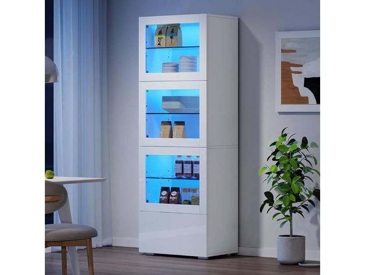 Armoire vitrine - PAGE LIVING - 60x40x173 cm - Blanc - 3 portes & tiroir - Éclairage LED contrôlable par appli - 3 étagères verre