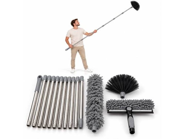 Relaxdays Kit plumeau\, gris Dépoussiéreur télescopique\, 3 embouts\, manche 0\,8-4 m en 10 parties\, balai toiles d'araignée\, lave-vitres\, 60 °C
