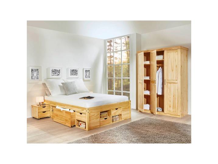 Mid.you Stauraumbett Interlink Claas 30400640, Natur, Holz, Kiefer, massiv, 140x200 cm, Bettkasten, Lattenrost, Schlafzimmer, Betten, Stauraumbetten