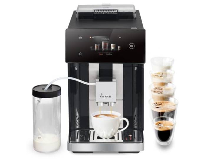 KKT KOLBE Kaffeevollautomat PRO mit großem TFT-Touchscreen, schwarz silber Milchbehälter, ColdBrew, Milchschaumdüse, Zubehör, 2-Tassen-Funktion, 15 Bar, 7-stufiges Mahlwerk, 14 Getränkevariationen