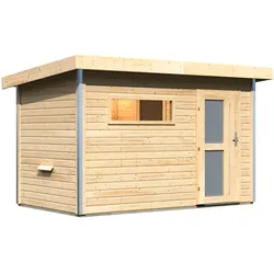 Karibu Gartensauna Pultdach Saunahaus Skrollan 1 mit Vorraum-Ohne Ofen-Milchglas-Saunatür (blickdicht)