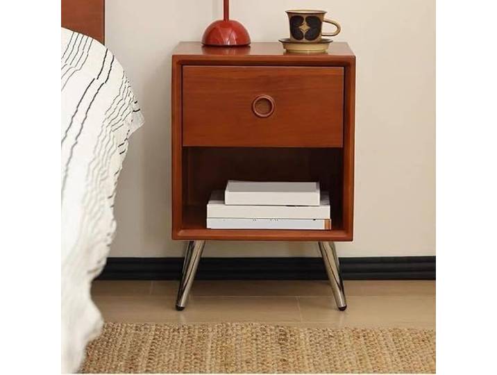 Nachtkästchen Mid-Century-Nachttisch aus Holz mit Metallbeinen Schublade und offenes Regal, kompakte Aufbewahrung for Schlafzimmer und Wohnzimmer