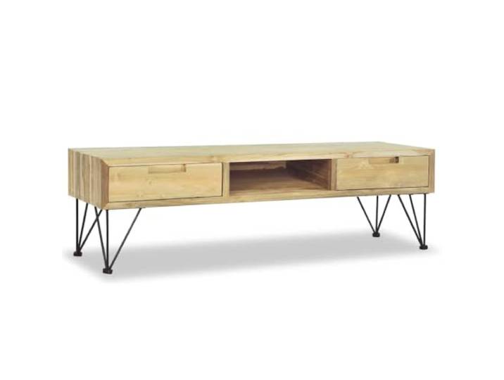 GKHPYURE TV-Schrank 120 x 35 x 35 cm aus massivem Teakholz mit 2 Schubladen Kolonialstil, schmiedeeiserne Beine, Hartholzplatte, 1 Fach, einfache Montage