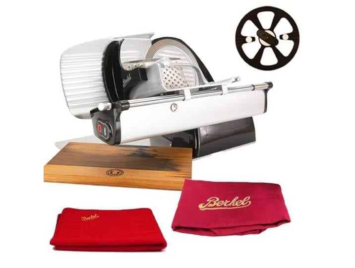 Berkel Aufschnittmaschine - Home Line 200 Plus - Elektrische Schneidemaschine in schwarz – Neues Modell + 100% handgefertigtes Schneidebrett Unikat & Original Berkel Abdeckung
