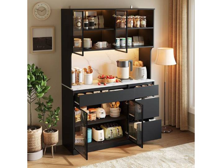 Buffet haut vitrine AESVAR noir et blanc 120 x 40 x 180 cm effet marbre avec LED intégrées en MDF