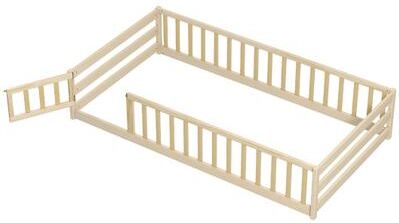 Costway Twin Size Kids Wood Montessori Floor Bed with Door and Fence-Natural