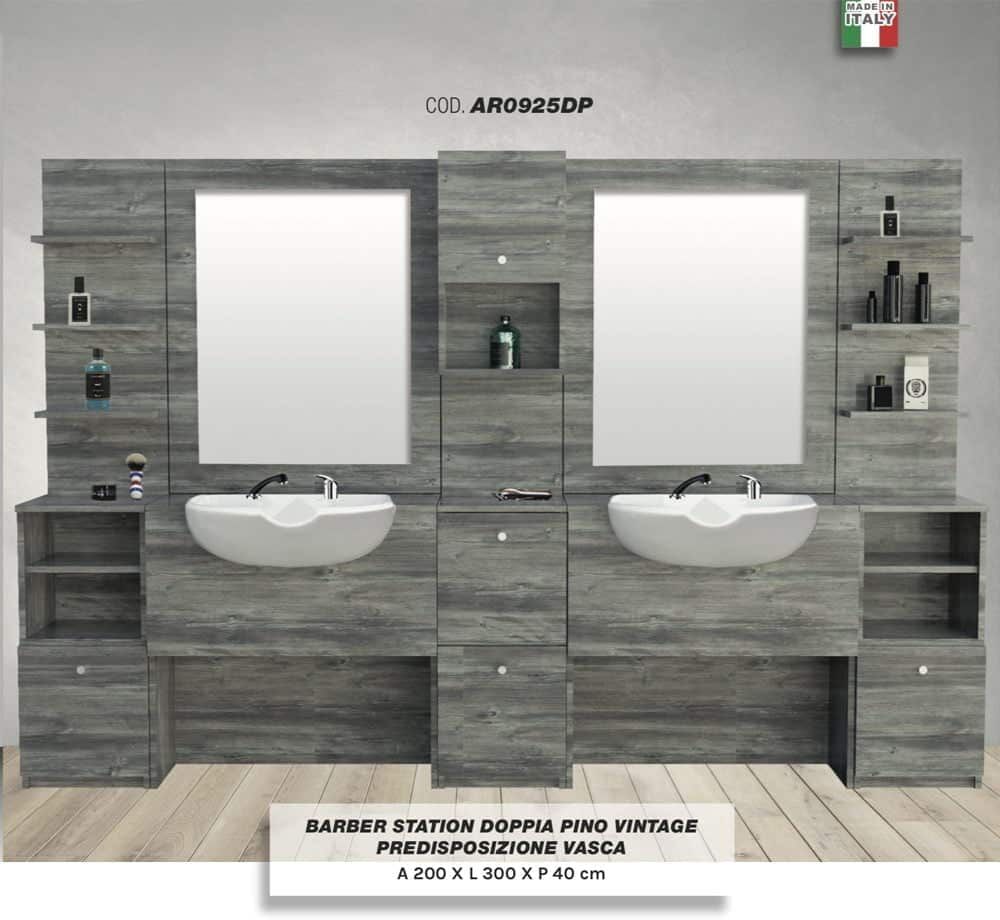 POSTAZIONE DOPPIA DA BARBIERE VINTAGE BARBER SHOP COMPLETA DI SPECCHIO, LAVANDINO IN CERAMICA, DOCCETTA E MISCELATORE