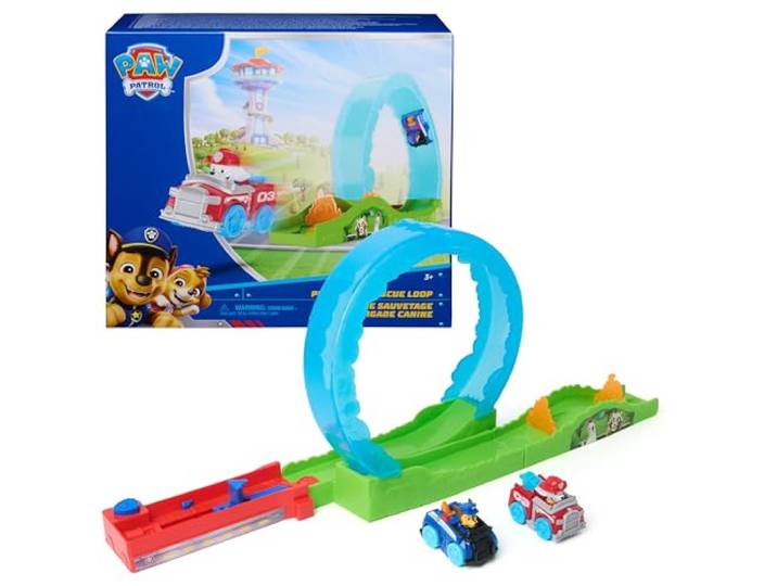 PAW Patrol Pup Squad-reddingslooping, baanspeelset met Pup Squad-speelgoedauto's van Chase en Marshall en voertuigwerper