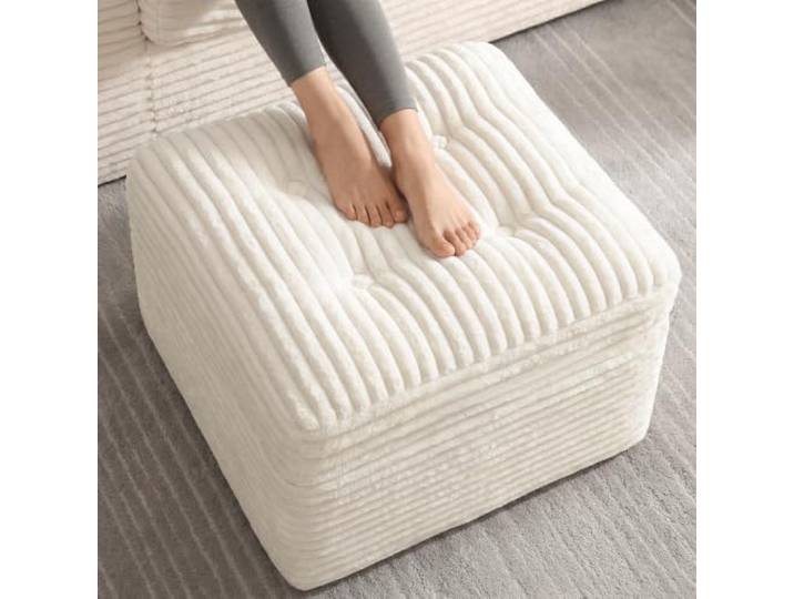Fabulcozy Ottomane, 60 cm, aus Cordsamt, Fußhocker, Komfort mit zweischichtigem Schaumstoff, großer Sitzsack, weicher Sitz und Stabiler Basis, Fußhocker für Wohnzimmer(Cremeweiß)