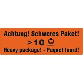 Warnetiketten „Achtung! Schweres Paket >10 KG“, 3-sprachig, 148 x 48 mm, perforiert, Haftpapier, leuchtrot mit schwarzem Aufdruck, 1 Rolle mit 500 Stück