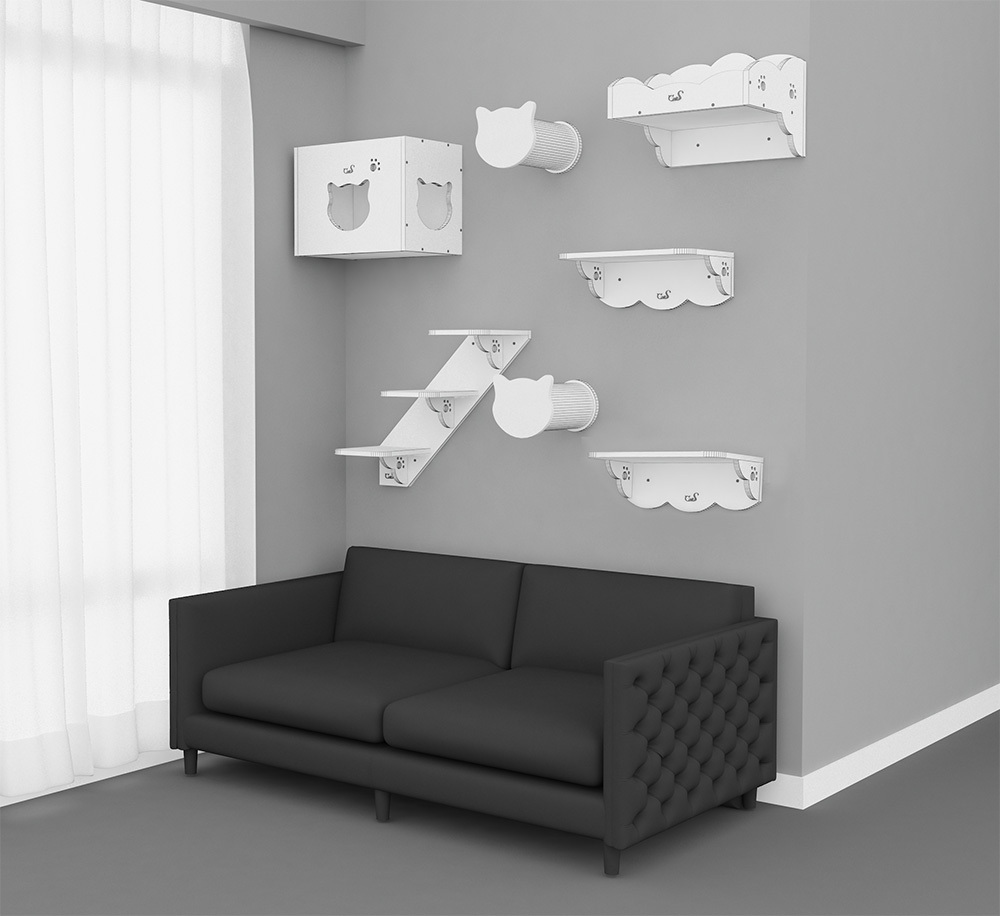CatS Design Katzen Kletterwand Set xxl große Katzen stabil 7 Teilig Wandkratzbaum K3