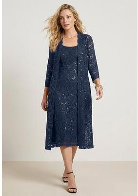 Plus Size Women's Plus Size 3/4 Sleeve Formal Duster Sequin - Embellished Lace Dress Set by Roaman's in Navy (Size 32 W) Formal Evening