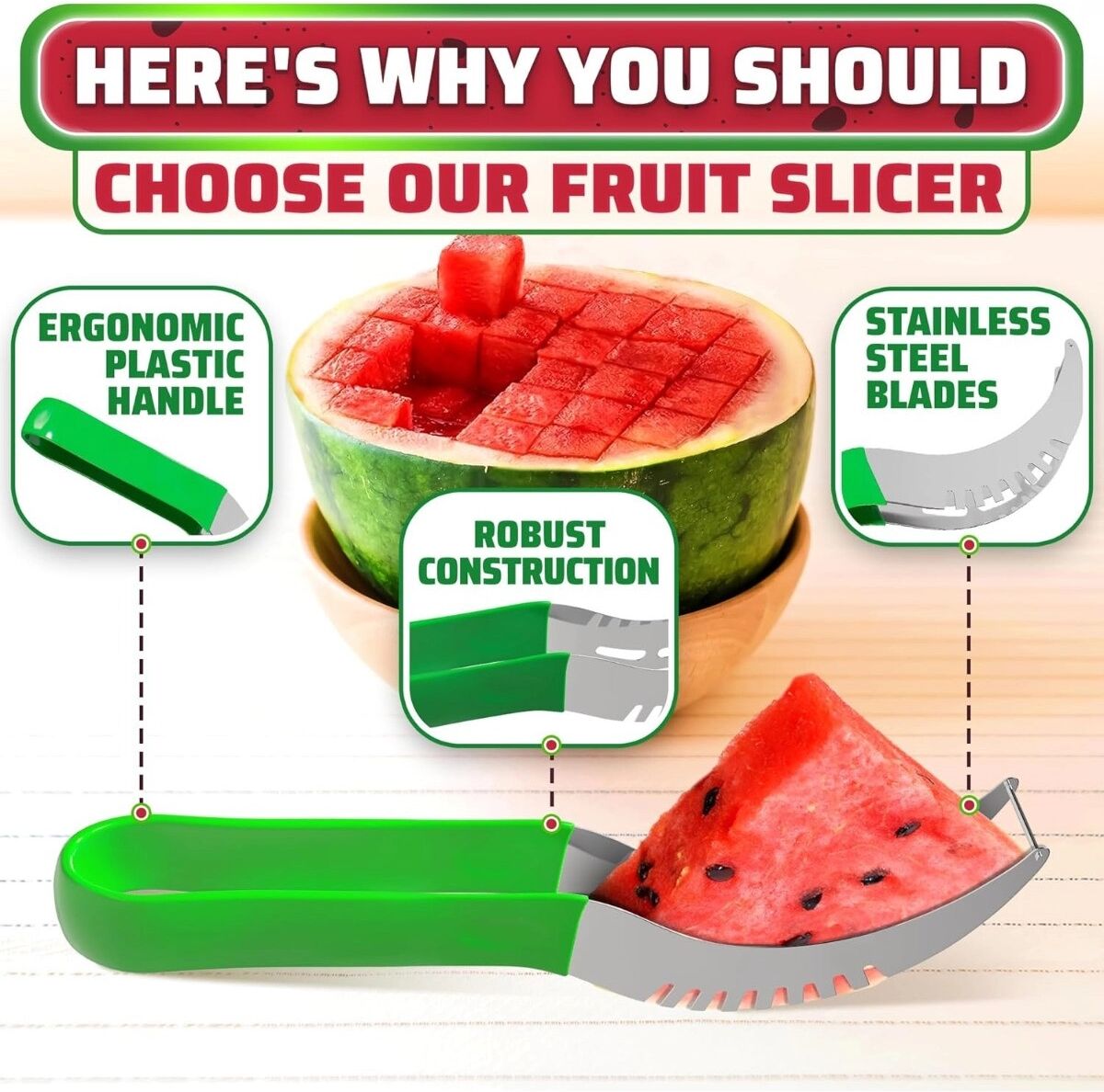 INF Edelstahl Obstschneider 3er-Set – Wassermelonen-Schneider mit Gabel und Schaufel für schnelles Schneiden und Servieren