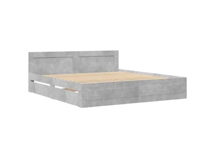 KTHLBRH Bettgestell grau Zement 200 x 200 cm Holz mehrschichtig Inklusive Lattenrost, 2 Schubladen, gepolstertes Kopfteil und Rückenunterstützung