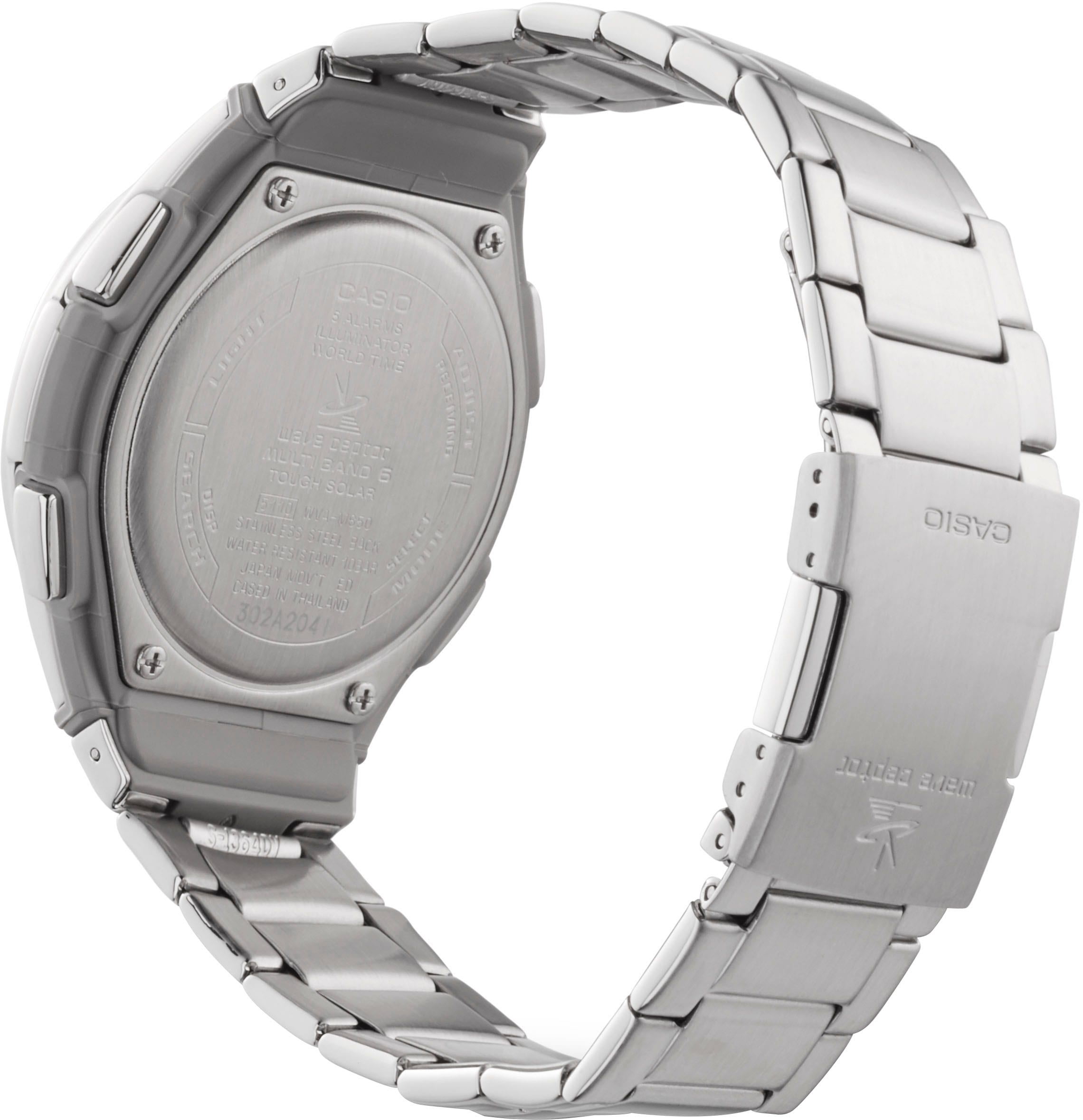 Funkchronograph CASIO FUNK, schwarz (silberfarben, dunkelblau), Armbanduhren, Herren, silberfarben, Funkchronograph, Solaruhr, Armbanduhr, Digitaluhr, Edelstahlarmband,bis 10 bar wasserd.